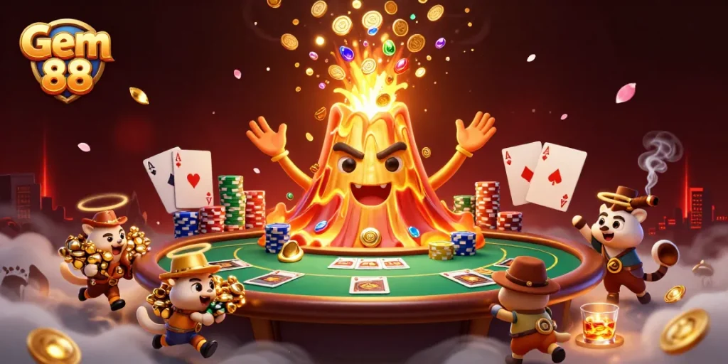 Experience Gem 88's thrilling gaming dynamics with vibrant poker elements and a triumphant volcano.