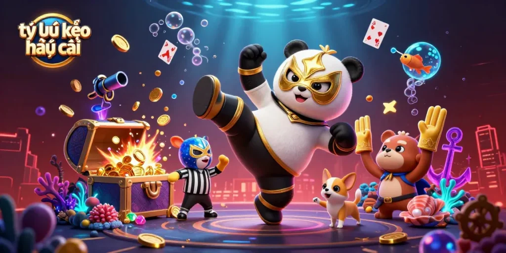 Bet on tỷ lệ kèo nhà cái with a thrilling 3D illustration of a panda wrestler kicking amidst wild animal spectators.