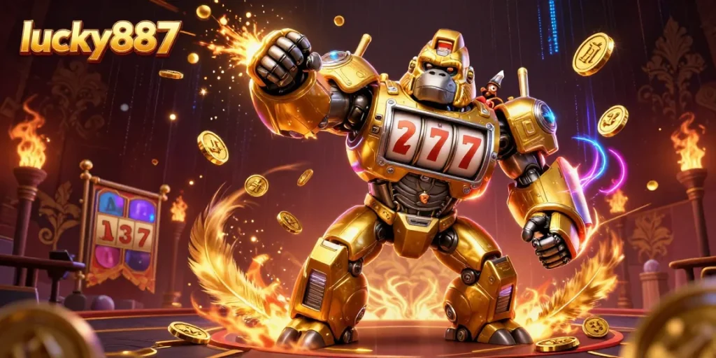 Experience the thrill of lucky887 with a dynamic 3D illustration of a golden gorilla mech amidst casino elements.