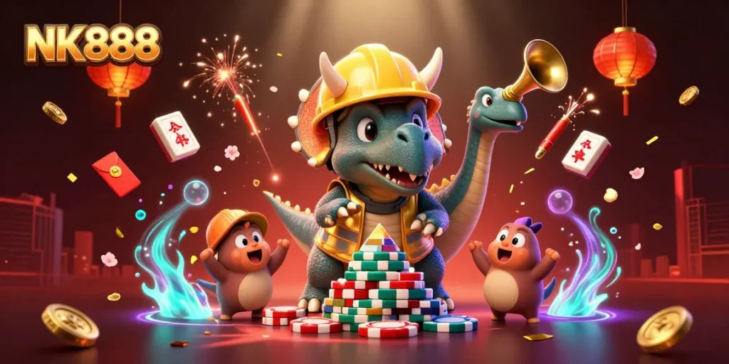 Experience winning moments at NK888 with a vibrant 3D casino celebration scene.