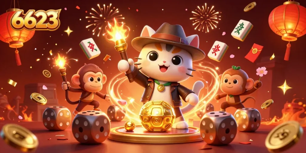Experience the thrill of 6623 with a cat explorer discovering treasures amidst festive decorations.
