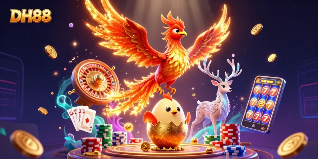 Experience thrilling wins at DH88 with an enchanting fire phoenix and dynamic casino elements.