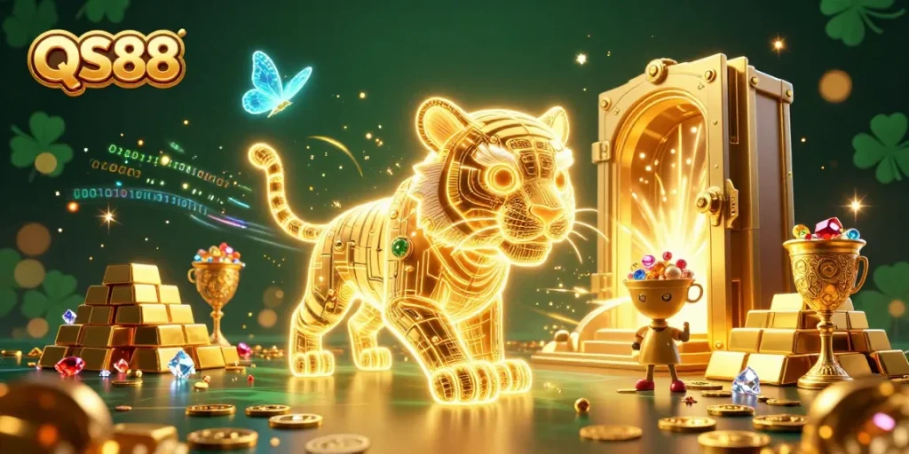 Experience thrilling gameplay at QS88 with a dazzling casino scene featuring a glowing tiger and treasure elements.