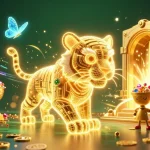 Experience thrilling gameplay at QS88 with a dazzling casino scene featuring a glowing tiger and treasure elements.