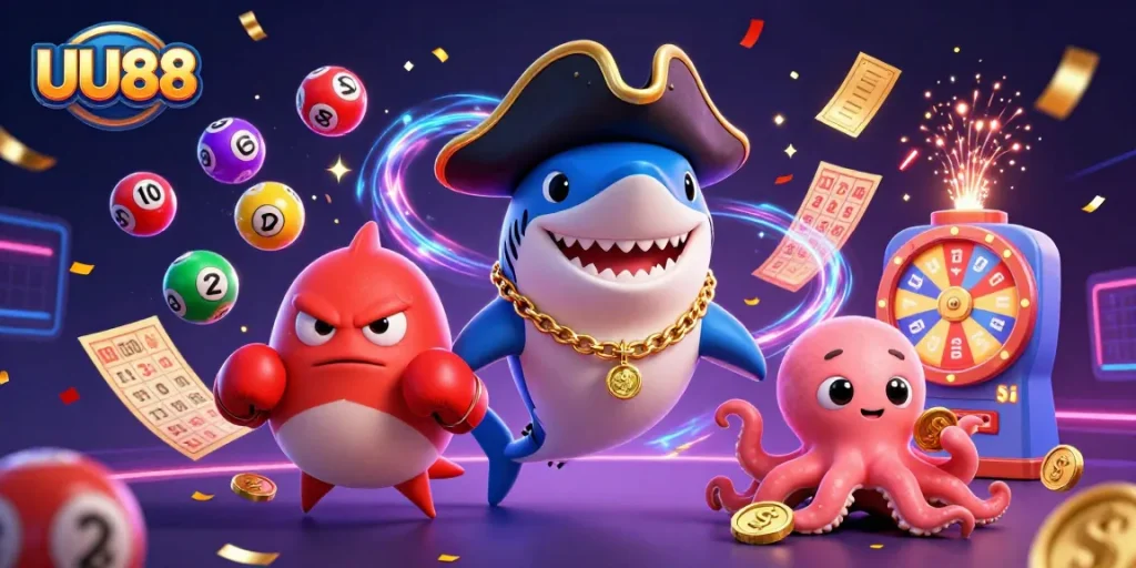 Experience excitement at UU88 with vibrant lottery scenes featuring dynamic characters and colorful game elements.