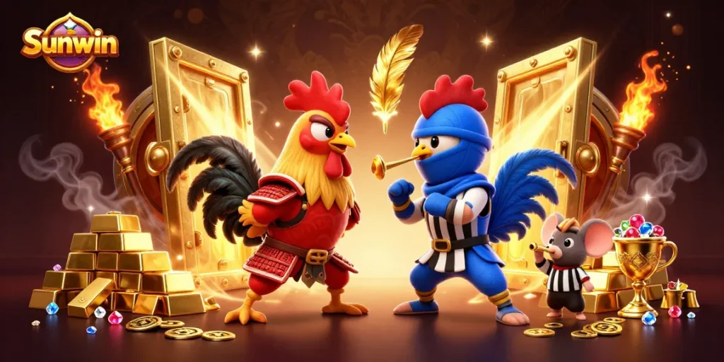 Sunwin interactive gaming scene with fighting roosters and treasure, showcasing a vibrant casino atmosphere.