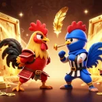 Sunwin interactive gaming scene with fighting roosters and treasure, showcasing a vibrant casino atmosphere.