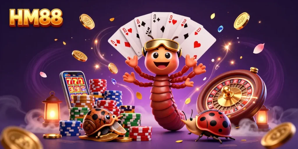 Engage with HM88 in a vibrant casino scene featuring exciting characters and gaming action.