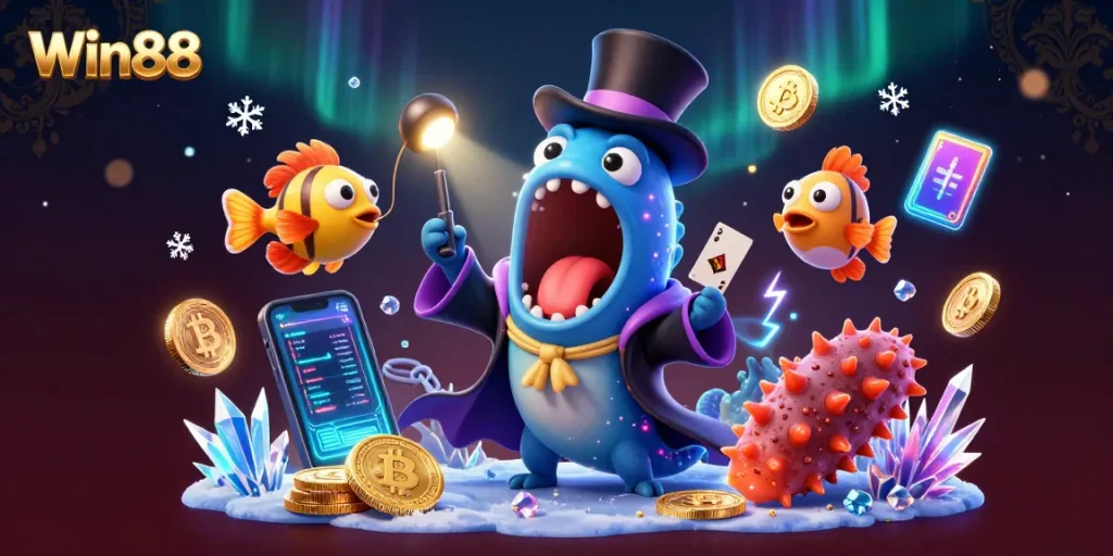 Win88 showcases a vibrant 3D casino scene with a bioluminescent eel and magical elements in action.