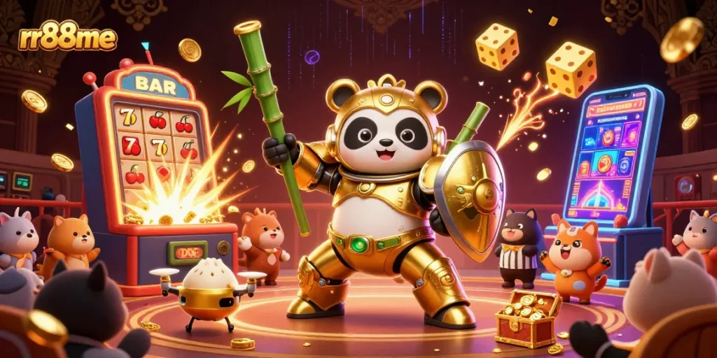Engage with the thrilling rr88me gaming experience featuring a golden panda piloting a robot amidst a vibrant casino.