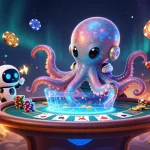Engage in thrilling poker action with sky88 at a holographic table in vivid 3D art.