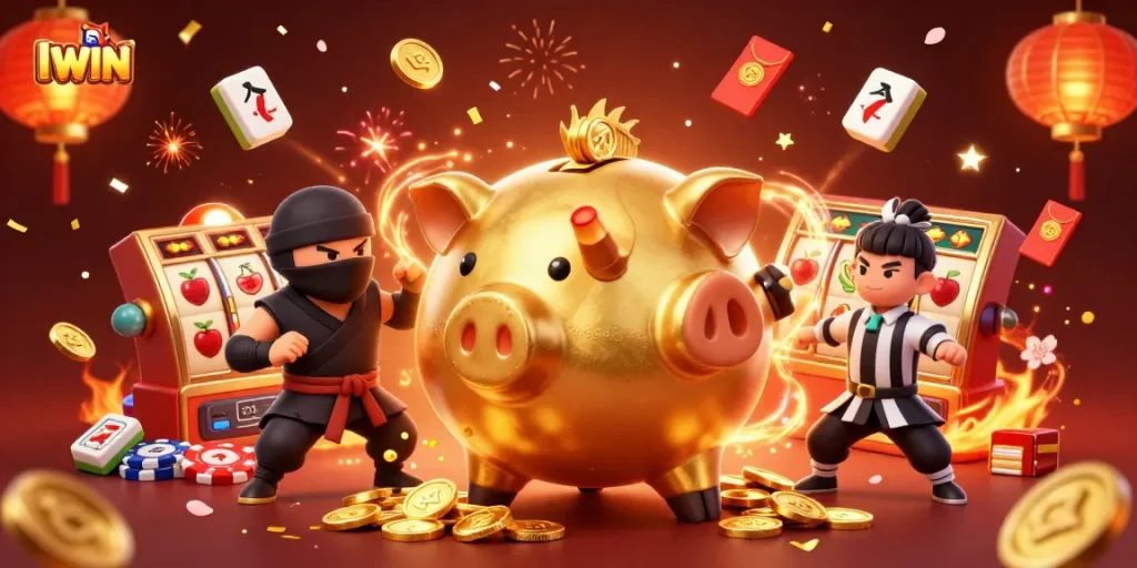 Experience IWIN's fun with vibrant slot-themed action featuring colorful characters and golden coins.