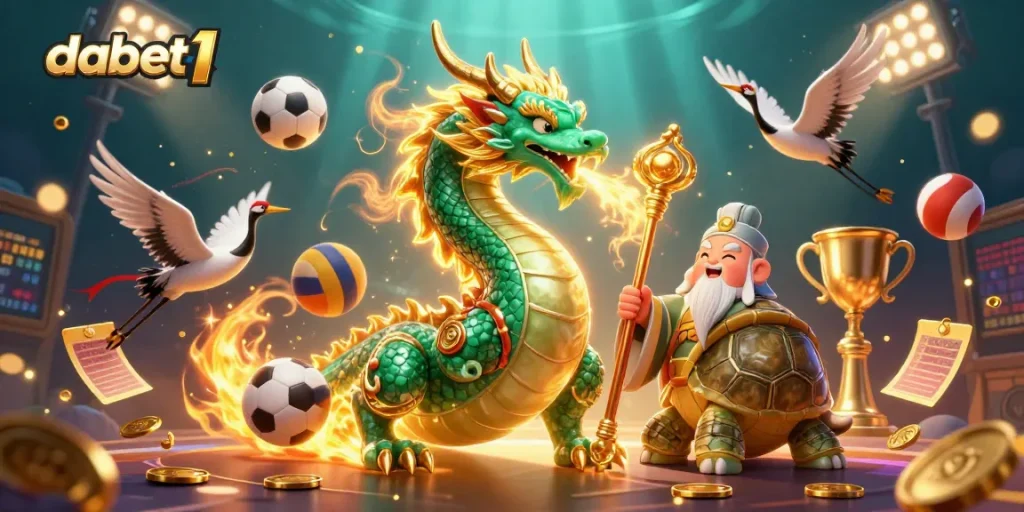 Experience excitement with dabet1 in a vibrant sports-themed 3D casino scene.