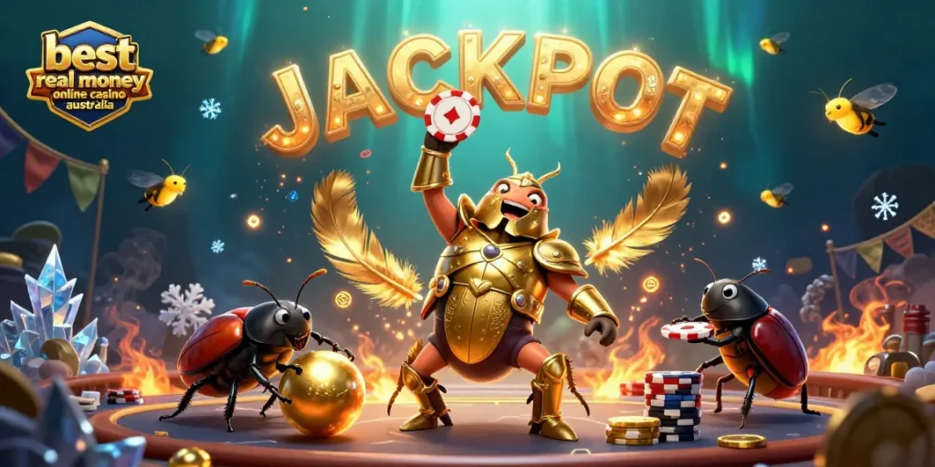 Experience the excitement at the best real money online casino Australia with cartoon characters celebrating a jackpot.