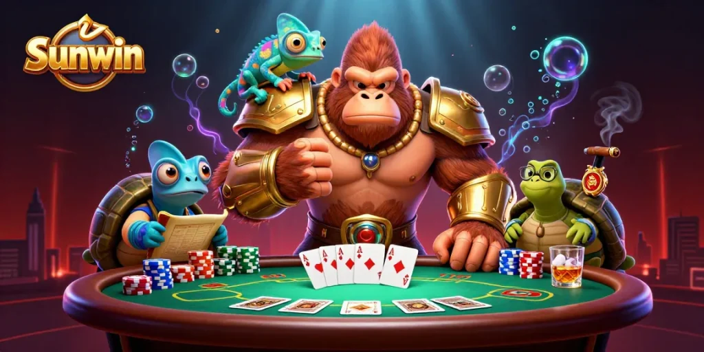 Experience the thrill of Sunwin gaming with exciting characters at a vibrant poker table.