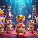 Experience gmnc10 with meerkats dealing cards and spinning slot reels in a vibrant casino setting.