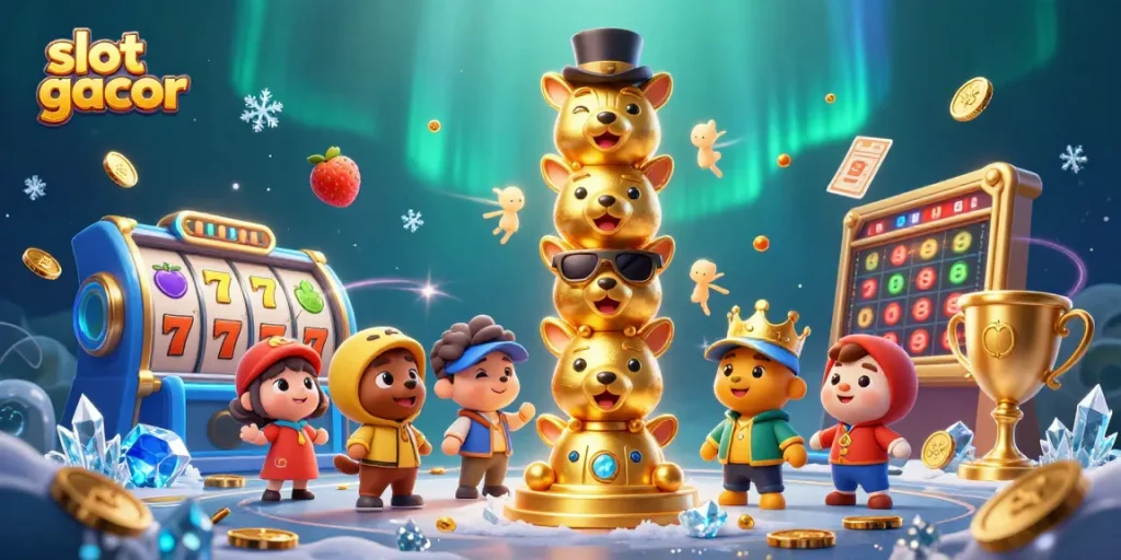 Experience the thrill of slot gacor with vibrant symbols and animated totem art.