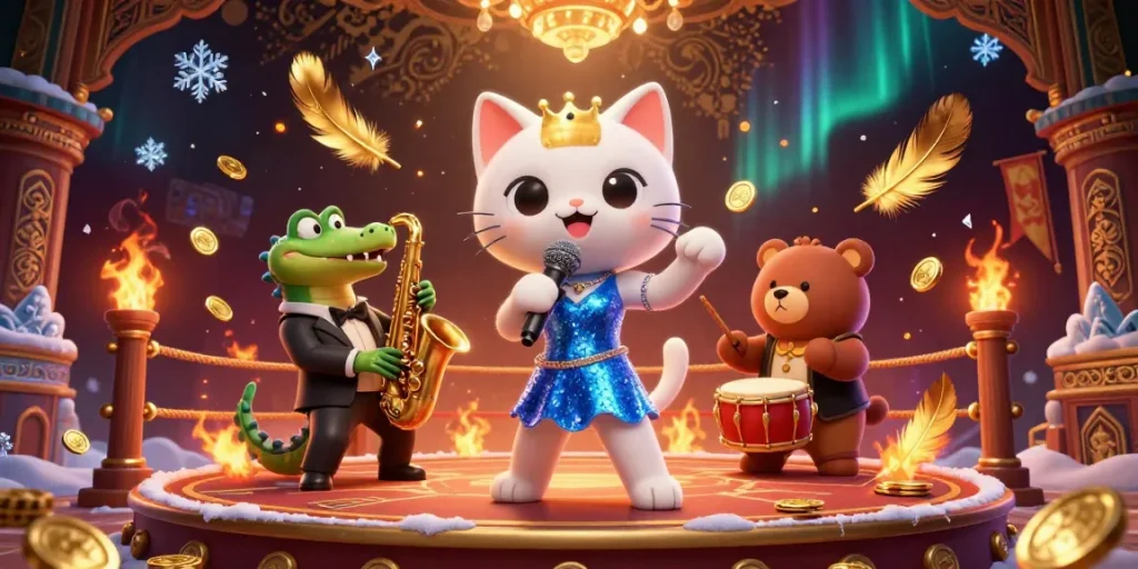 Experience bl555's vibrant casino atmosphere with a jazzy cat, cool crocodile, and bear cub playing amid swirling golden tokens.
