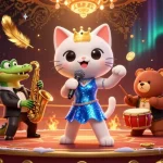 Experience bl555's vibrant casino atmosphere with a jazzy cat, cool crocodile, and bear cub playing amid swirling golden tokens.