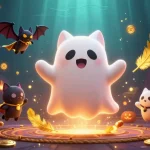 Experience thrilling gameplay at XX88 casino with an enchanting ghost cat and vibrant haunted scene.