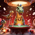 DABET casino illustration featuring a dinosaur dealer at a vibrant poker table in an engaging gaming scene.