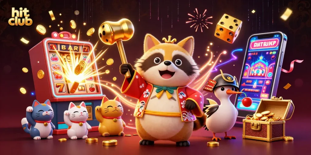 Engage with hit club's vibrant casino scene showcasing dynamic gambling elements and cheerful characters.