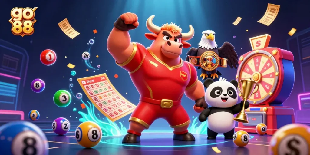Engage in vibrant gaming excitement at go 88 with a jubilant scene featuring animated casino characters and lively game elements.