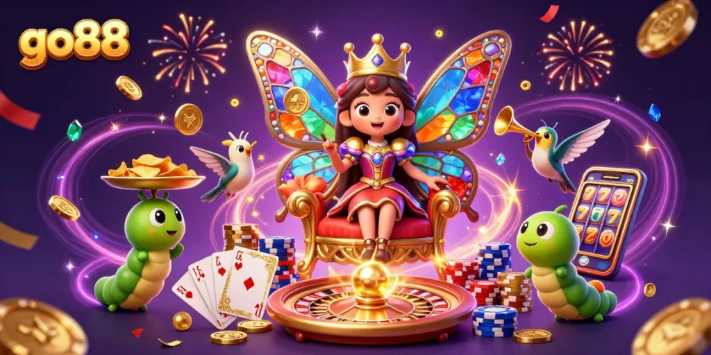 Spin to win at go88 in this vibrant 3D casino scene featuring games and festive elements.