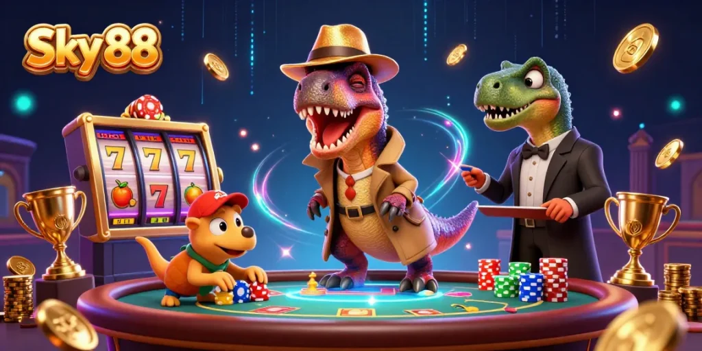 Sky 88 showcases a cartoon velociraptor card counter at a thrilling blackjack table, surrounded by dynamic casino elements.