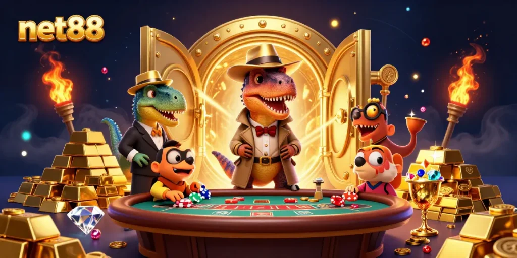 net88 velociraptor card counter at blackjack, vibrant 3D casino scene with treasures