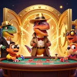 net88 velociraptor card counter at blackjack, vibrant 3D casino scene with treasures