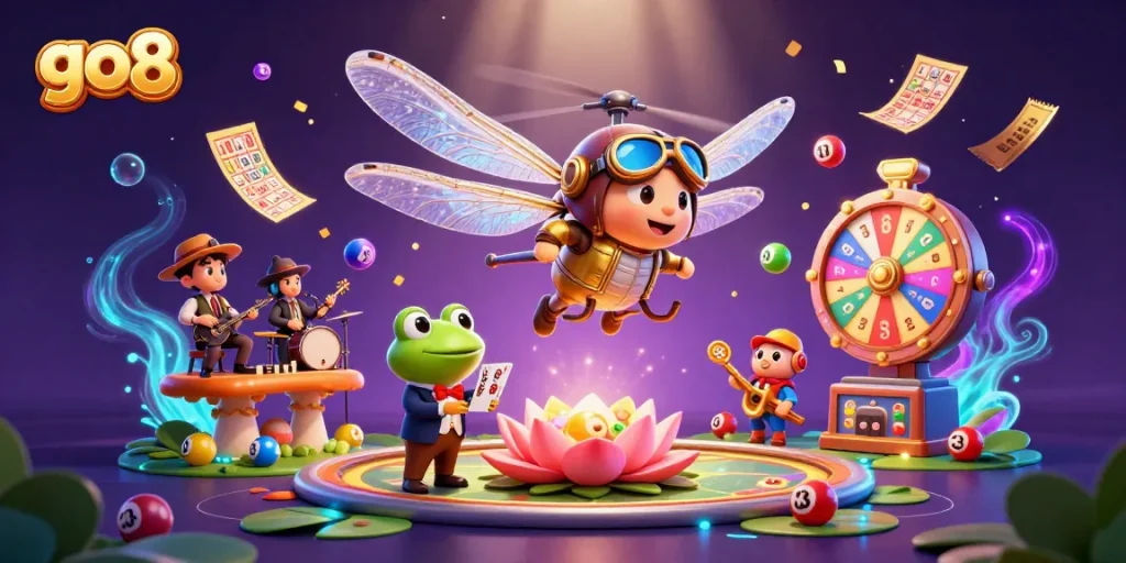 go8 captures a vibrant casino scene with a dragonfly pilot and frog dealer amidst lottery elements