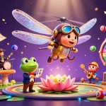 go8 captures a vibrant casino scene with a dragonfly pilot and frog dealer amidst lottery elements