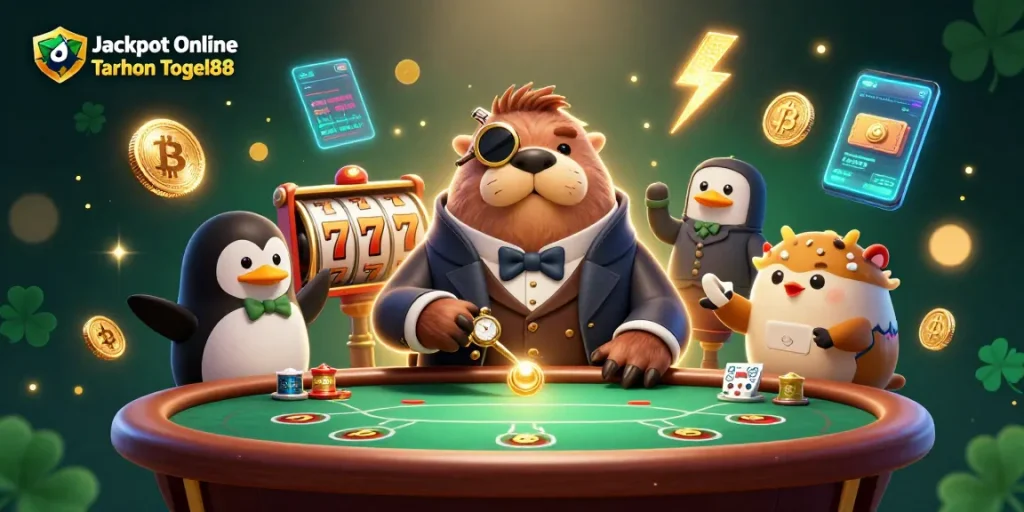 Experience thrilling excitement with Jackpot Online Taruhan Togel88 featuring vibrant casino scenes and engaging characters.