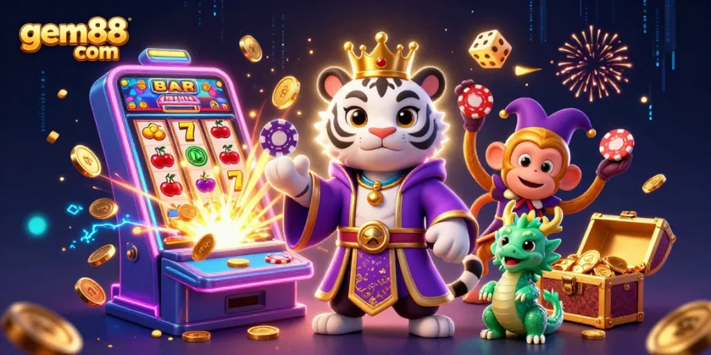 Play casino games at gem88 com and enjoy thrilling slots with stunning 3D illustration depicting a jackpot scene.