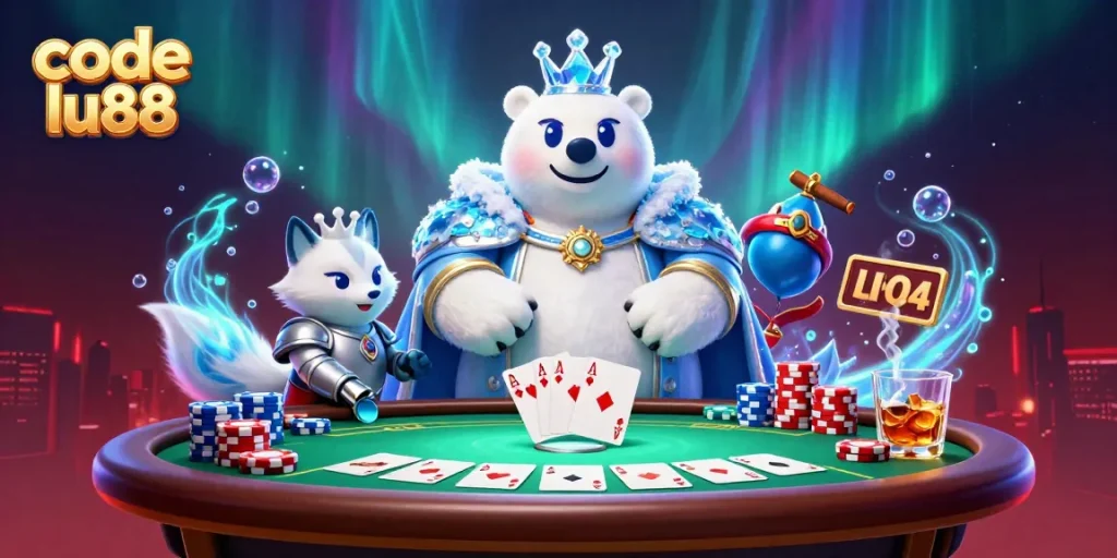 Join the fun with code lu88 at LU88's vibrant casino scene featuring an ice king polar bear!