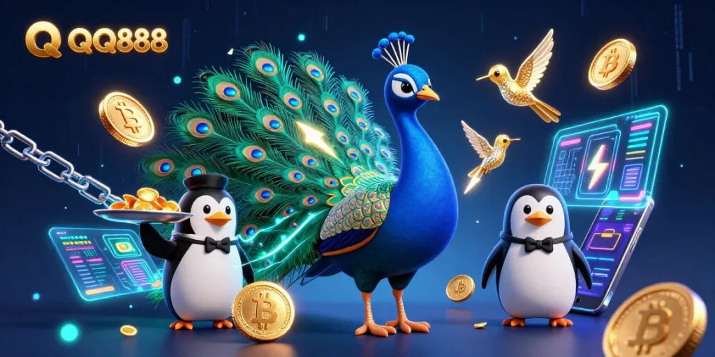 Engage in thrilling gaming with QQ888 as a peacock and penguin present golden chips.