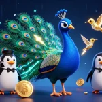 Engage in thrilling gaming with QQ888 as a peacock and penguin present golden chips.