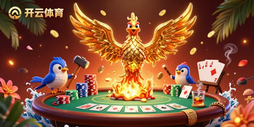 Experience the excitement of 开云体育 with a dynamic 3D illustration featuring a golden phoenix and poker elements.