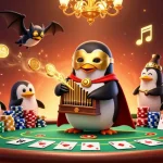 TR88 casino scene featuring lively 3D penguin and golden musical elements with poker chips and cards.