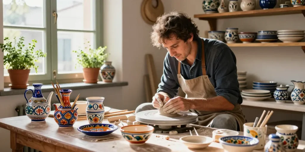 Artisan crafting Italian Ceramics in a sunlit kitchen, showcasing vibrant colors and traditional techniques.