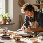 Artisan crafting Italian Ceramics in a sunlit kitchen, showcasing vibrant colors and traditional techniques.