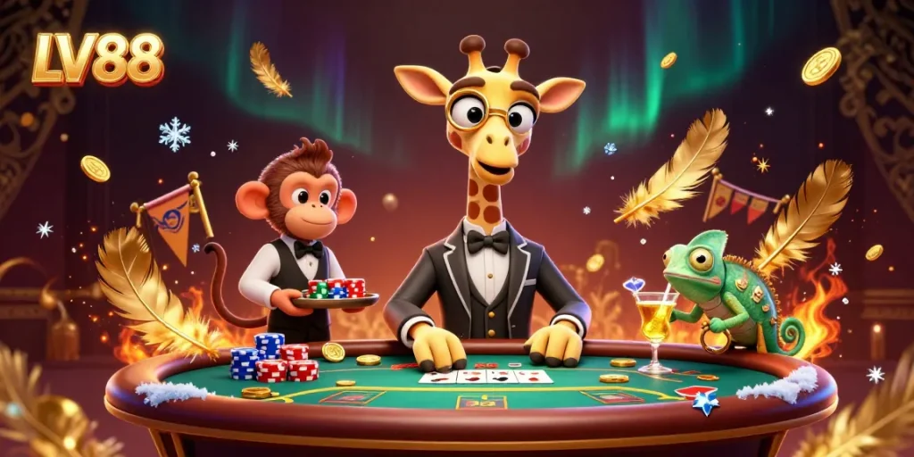 Experience thrilling poker action with LV88’s lively scene featuring a giraffe and friends!