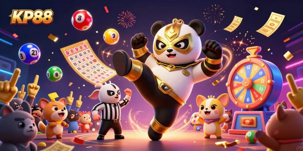 Engage with KP88 as a vibrant 3D scene of dynamic animal characters celebrating lottery triumphs.