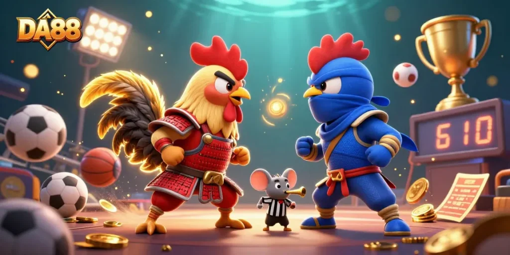 DA88 showcases an energetic showdown of fighting roosters amidst sports elements and golden trophies.