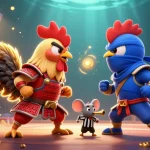DA88 showcases an energetic showdown of fighting roosters amidst sports elements and golden trophies.