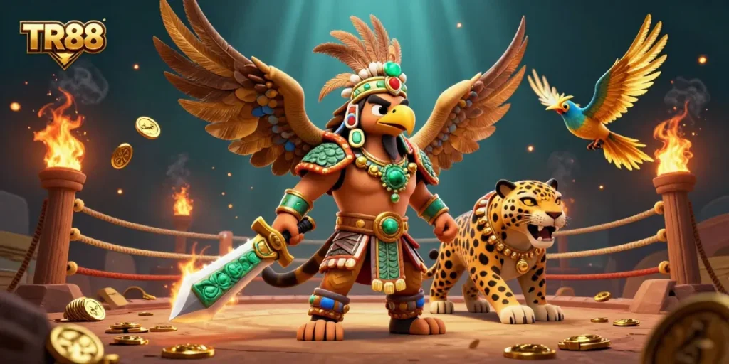 Engage in thrilling wins at TR88 with an Aztec warrior and stunning casino action illustration.