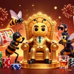 Engage with aussie online pokies featuring a cartoon bee mob boss in a vibrant casino scene.