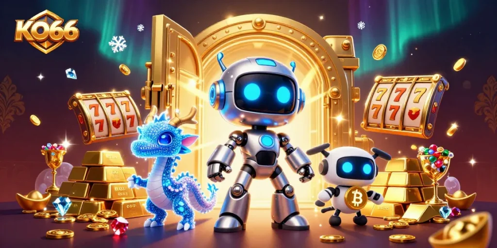 Engage with exciting casino games at KO66 with holographic characters and dynamic elements.