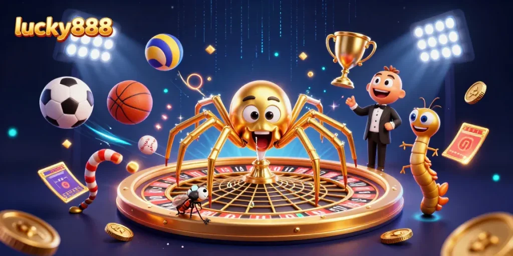 Experience thrilling gameplay with lucky888 as a golden spider spins its roulette wheel web while a fly bets nervously.